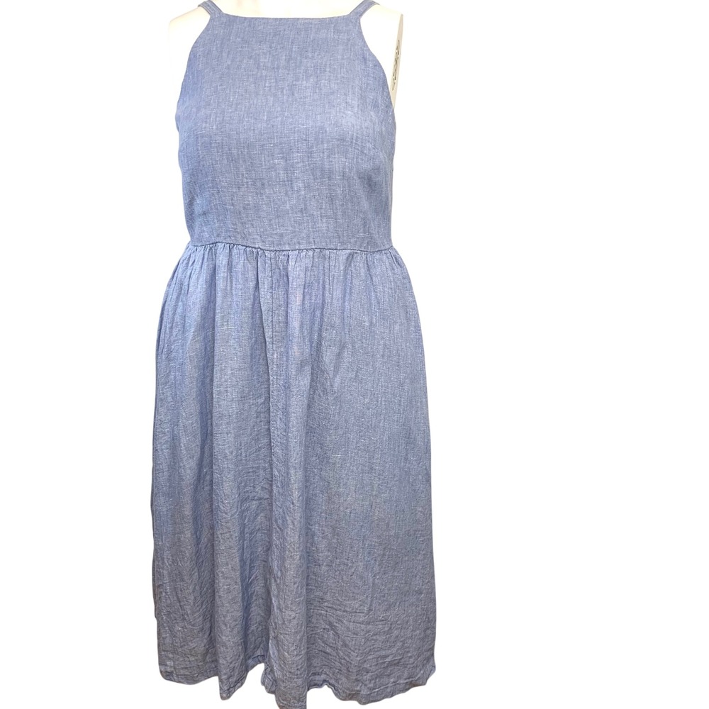 Lands End  Midi Sun Dress 1X Blue 100% Linen Smocked Back Pockets Vacation Boho